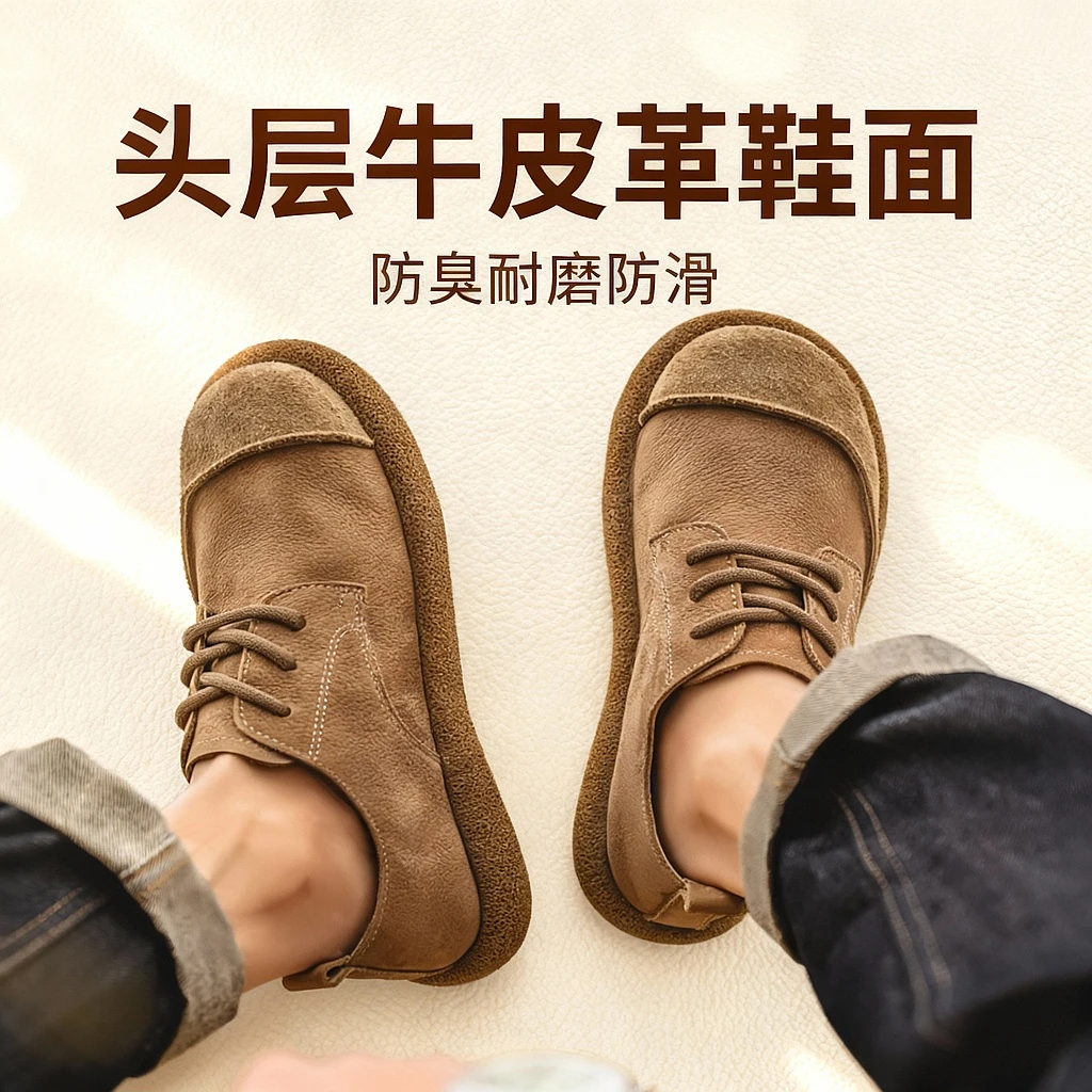 头层牛皮手工软底软面男鞋2025新款复古英伦学院风休闲皮鞋防滑鞋