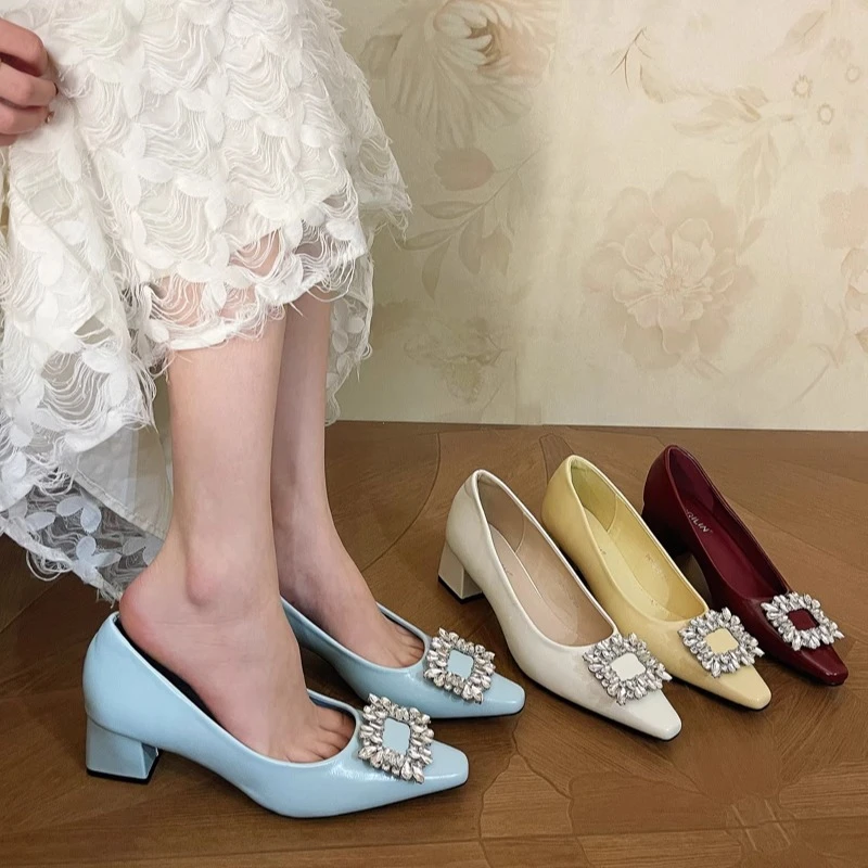 美猫汇不累脚玛丽珍水钻浅口新中式单鞋一脚蹬粗跟中高跟鞋名媛风