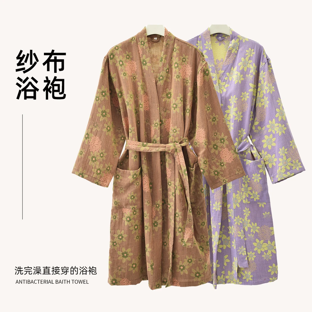 新款浴袍纯棉纱布睡袍女四季薄款情侣款吸水速干浴衣大码家居服