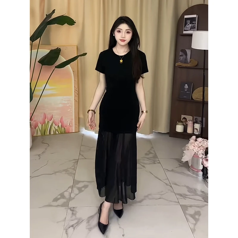 高端精致连衣裙女夏季欧货大码宽松长款设计感拼接网纱鱼尾小黑裙
