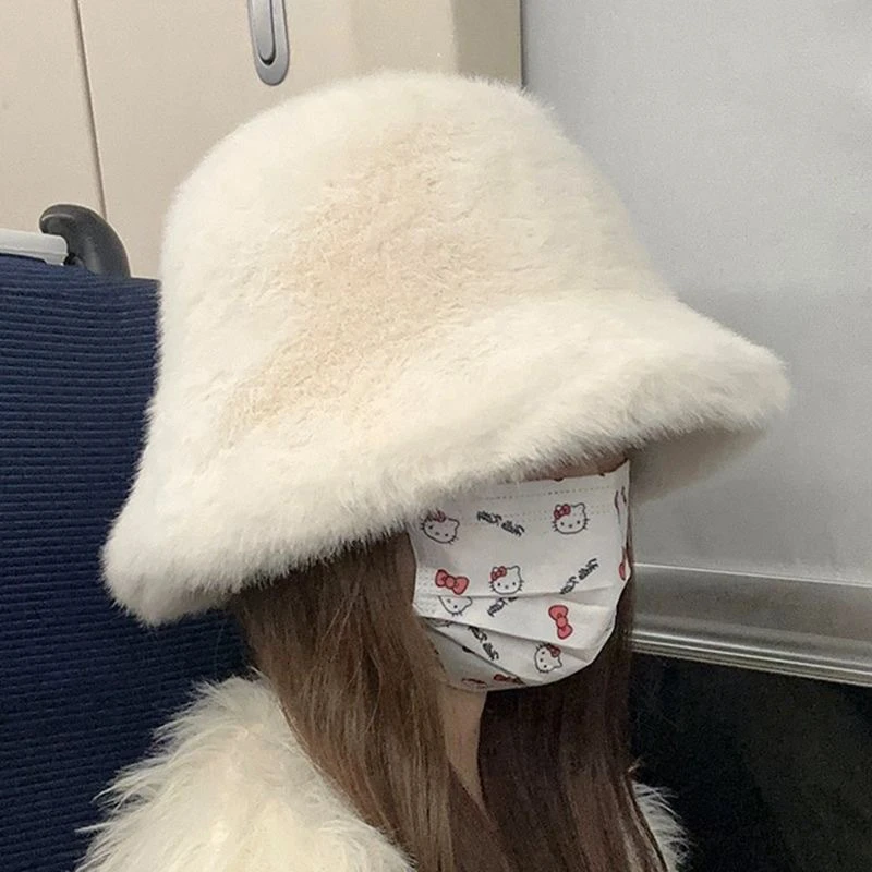 毛绒渔夫帽欧貂绒女秋冬季大帽檐仿水貂保暖简约加厚大头围显脸小