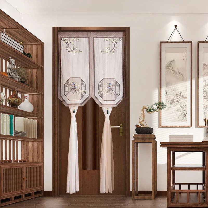 门帘新中式印花四季通用房间隔断遮挡帘隐私帘家用免打孔布艺半帘