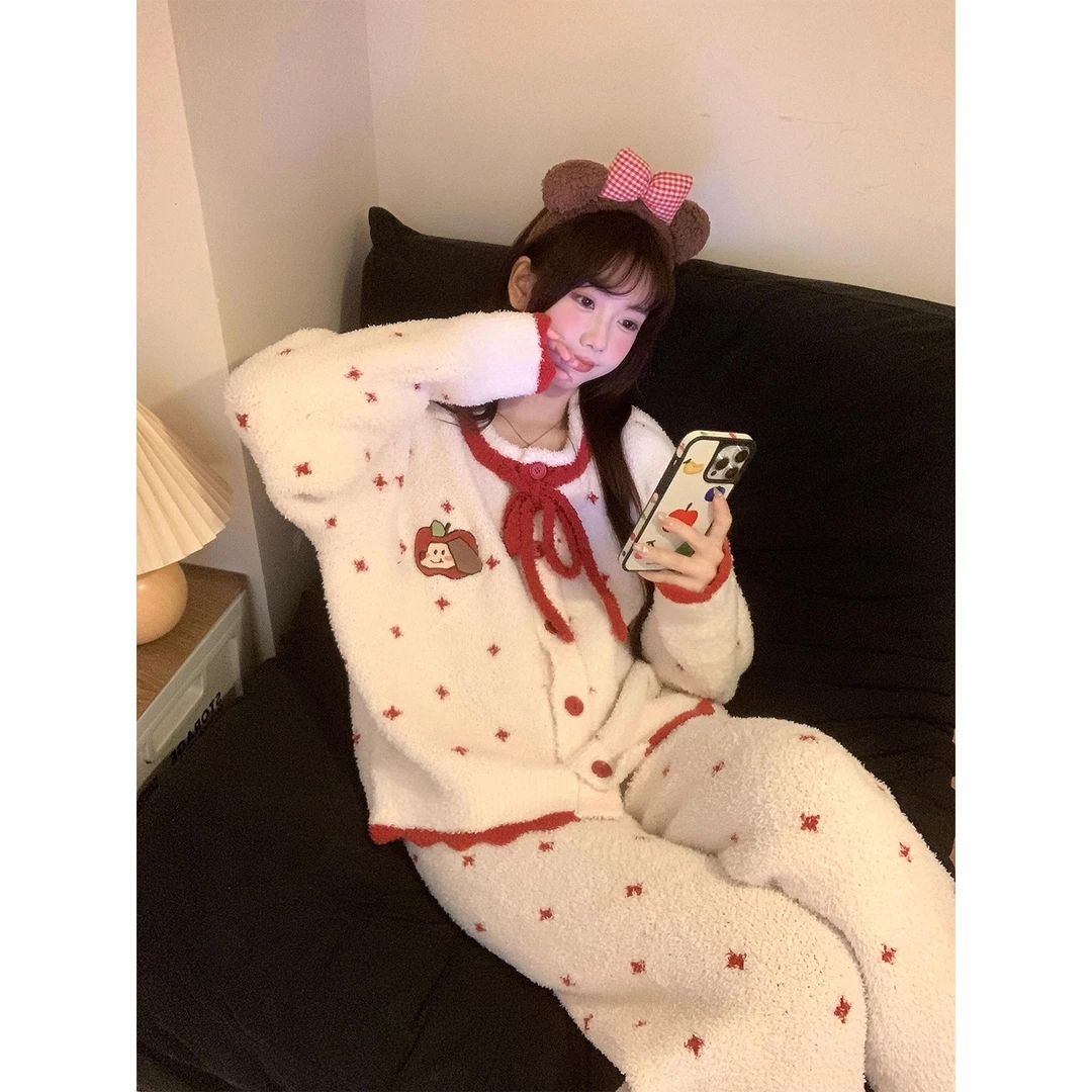 韩系卡通半边绒睡衣女秋冬新款大码加厚保暖家居休闲服套装可外穿