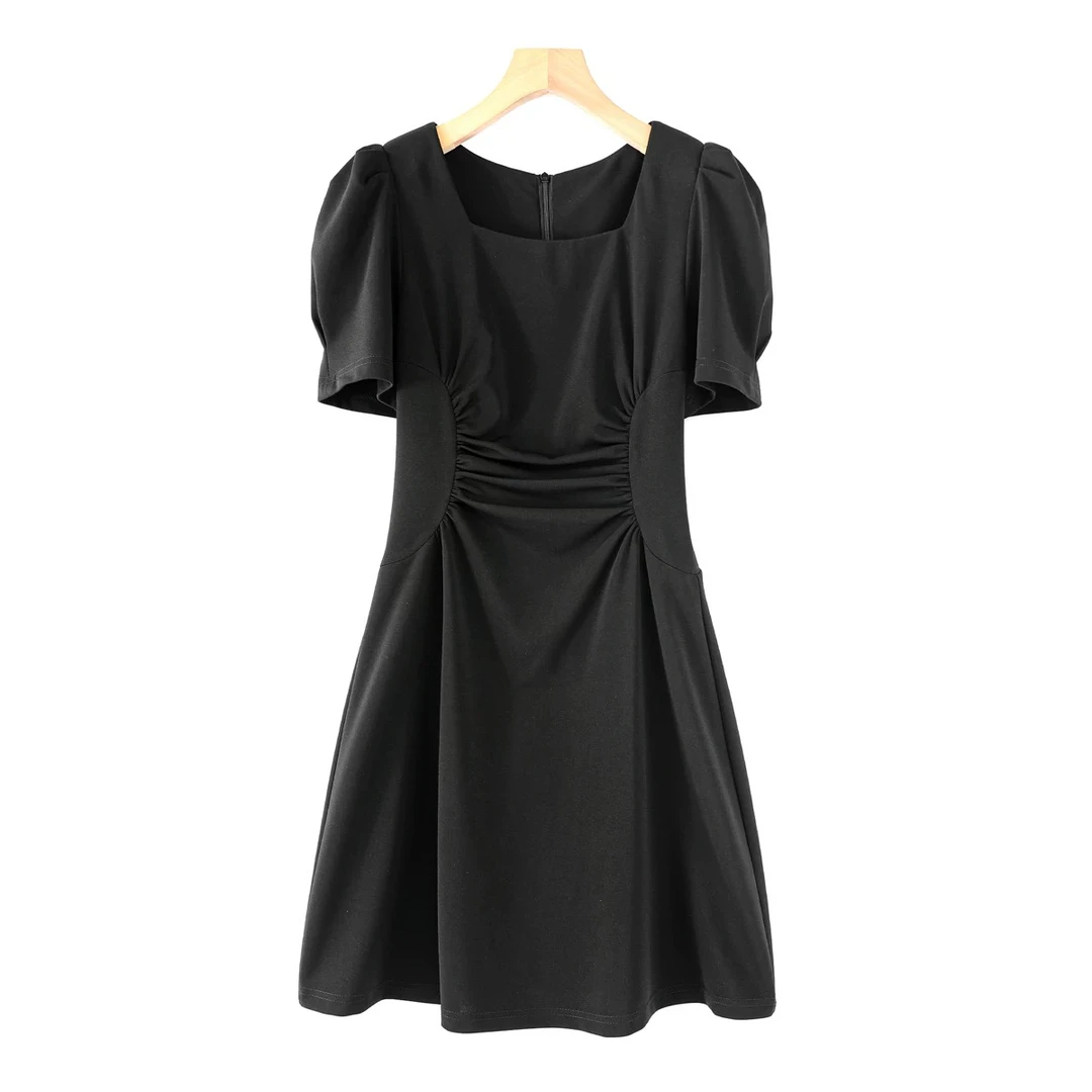 连衣裙方领高腰褶皱显瘦轻熟风802