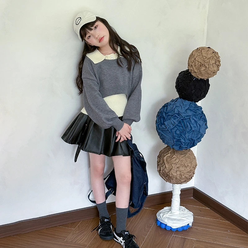 【三件套】女童春季洋气针织毛衣两件套上衣百褶皮裙时髦春秋装潮