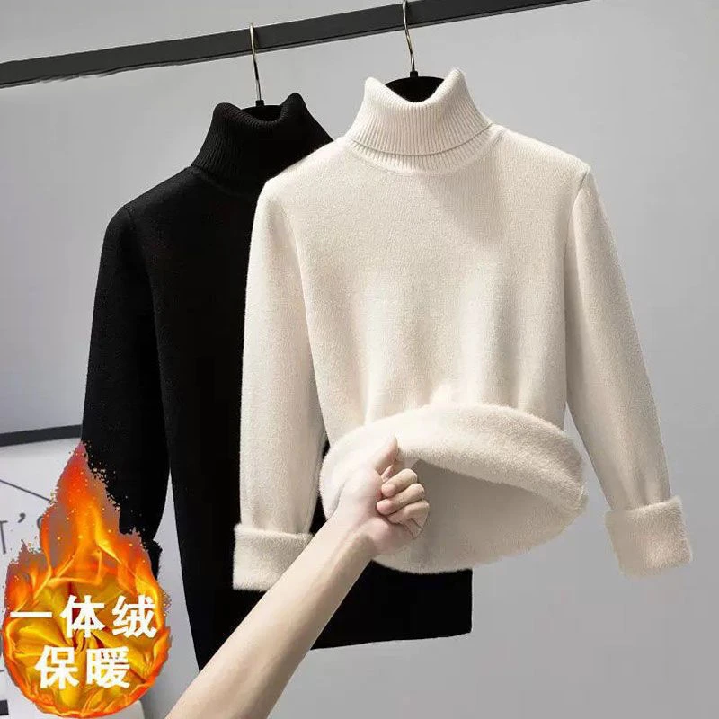 KALUOLAI/卡洛莱秋冬拼接毛衣高领加绒针织衫女厚款堆堆领打底衫