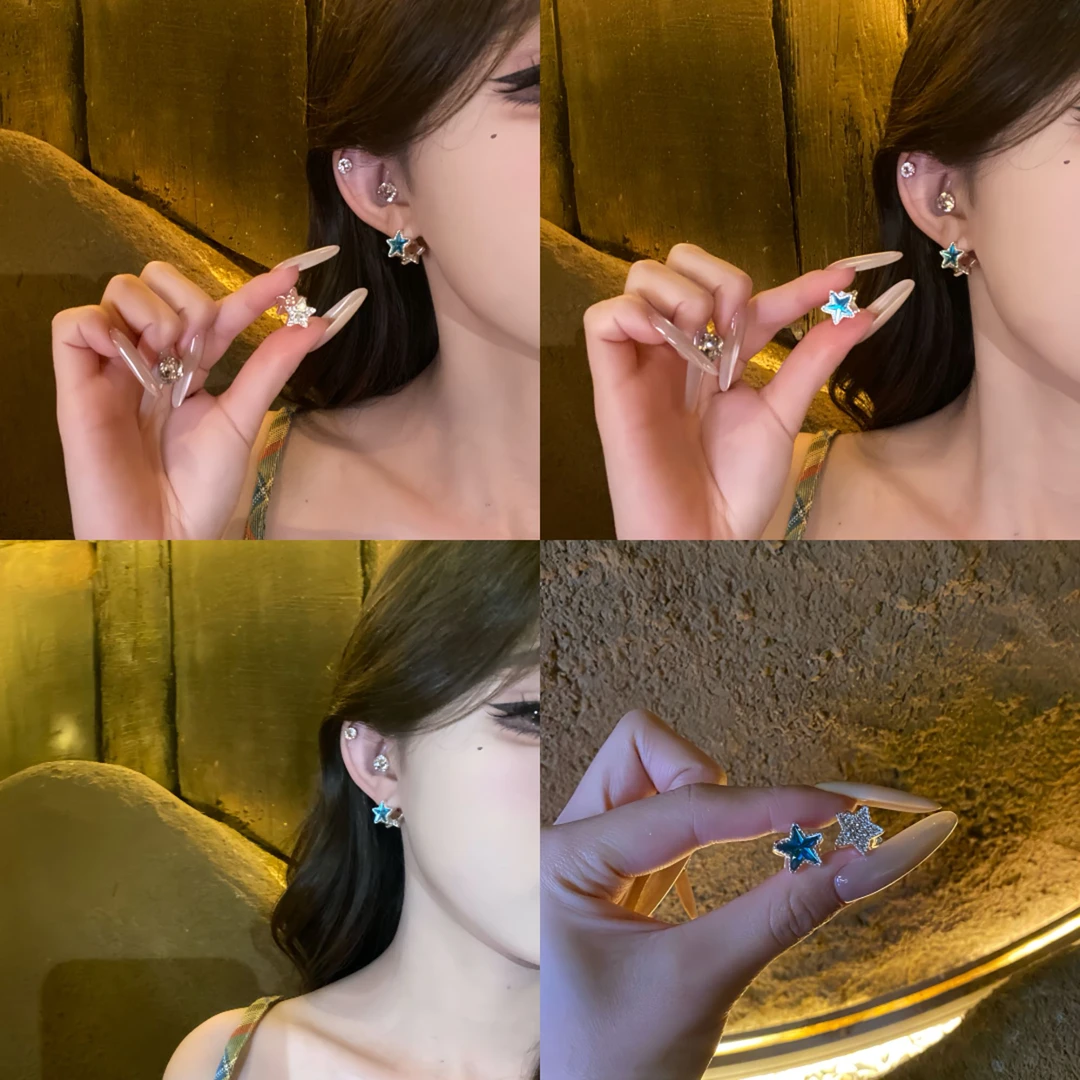 铜合金耳饰 克莱因蓝五角星耳环双面佩戴轻奢高级感百搭气质耳饰