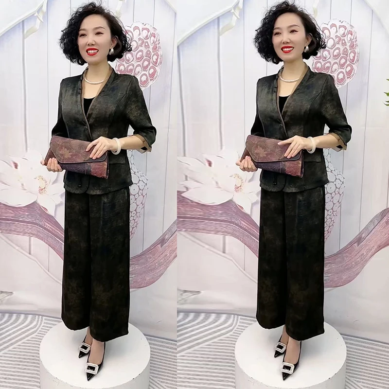 高端年轻气质妈妈夏季V领时尚套装阔太太九分阔腿裤两件套女上衣