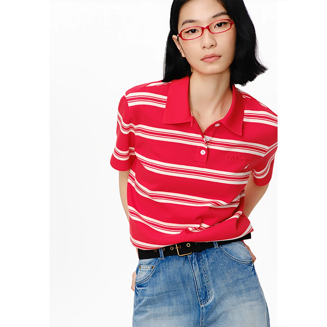 SALT.P可颜25夏款番茄红复古撞色条纹POLO翻领针织衫AC35260010