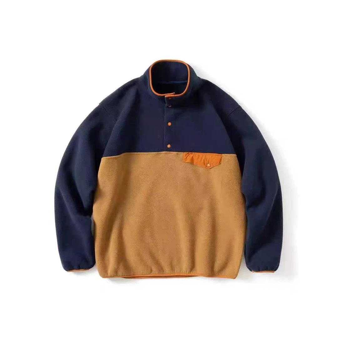 SC24449冬季休闲加厚立领单排扣时尚拼色套头保暖抓绒衣