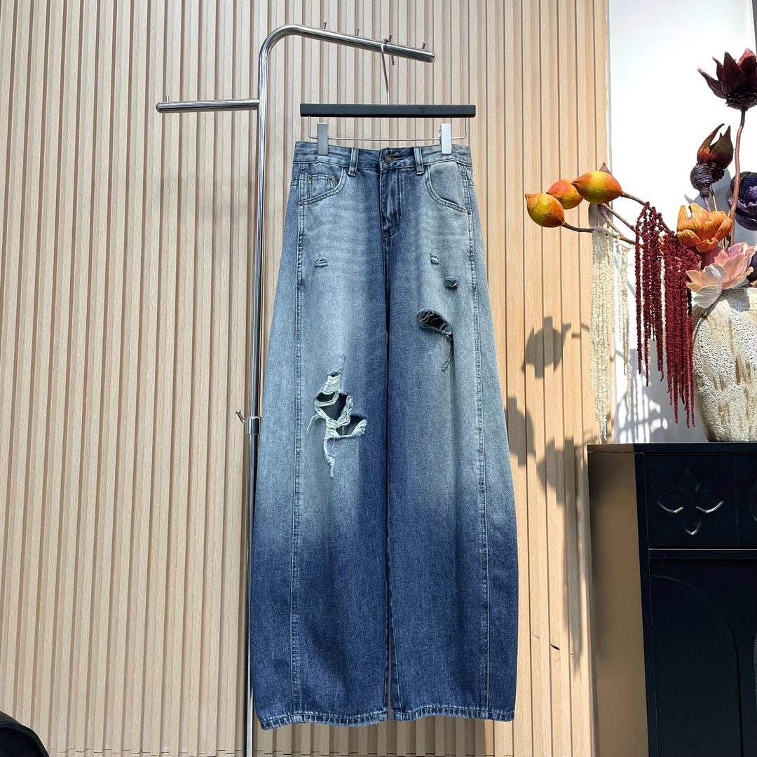 莹莹欧货【破洞渐变弯刀】女新款街头潮牌蓝色撞色气质破洞牛仔裤