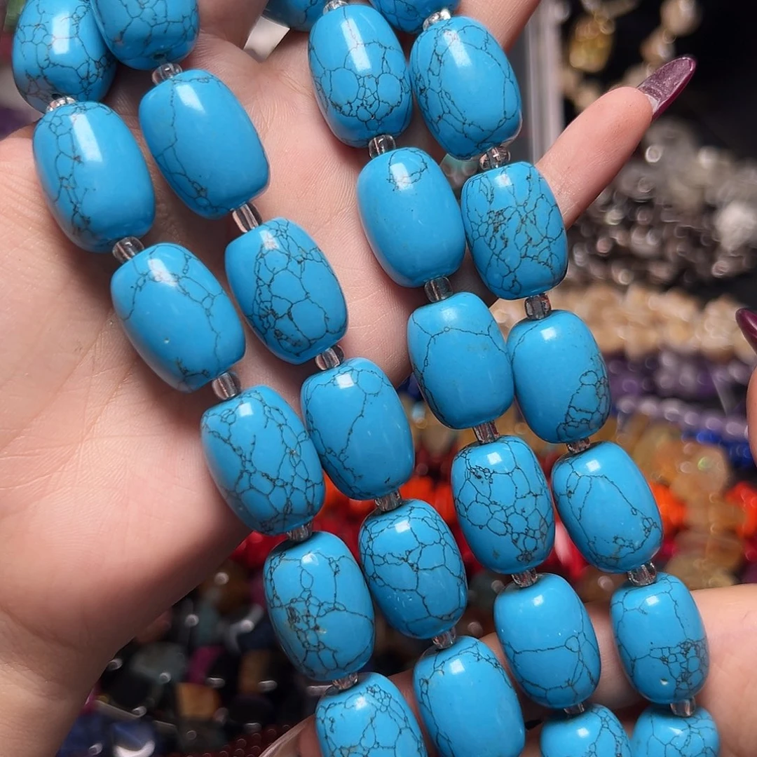 玛瑙/玉髓足银镶嵌珠宝半成品Z796绿松石桶珠20*13mm