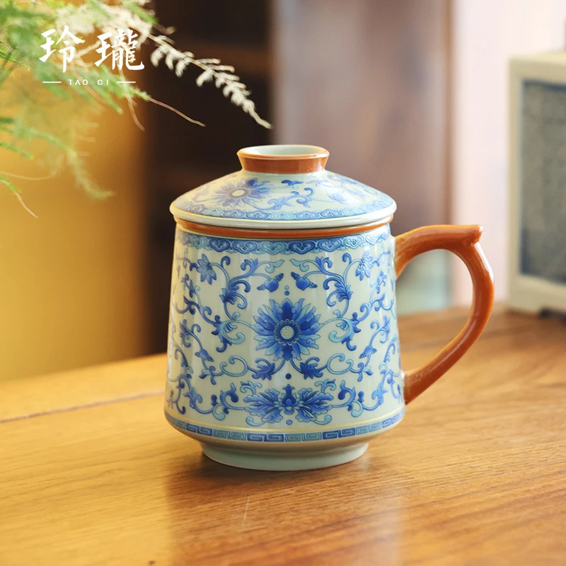 瓷韵优品 黄汝窑缠枝莲三件套陶瓷办公杯茶水分离杯泡茶杯-4157