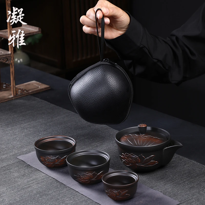 国潮紫陶快客杯一壶三杯便携式包旅行茶具车载户外悬停泡茶壶送礼