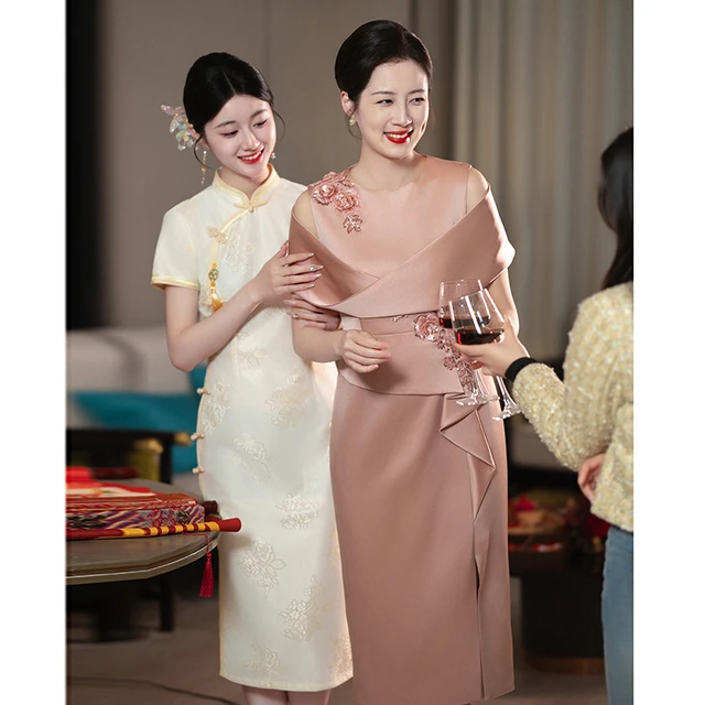 粉色妈妈婚宴装晚礼服高级感高贵洋派年轻喜婆婆婚礼喜服2026新款