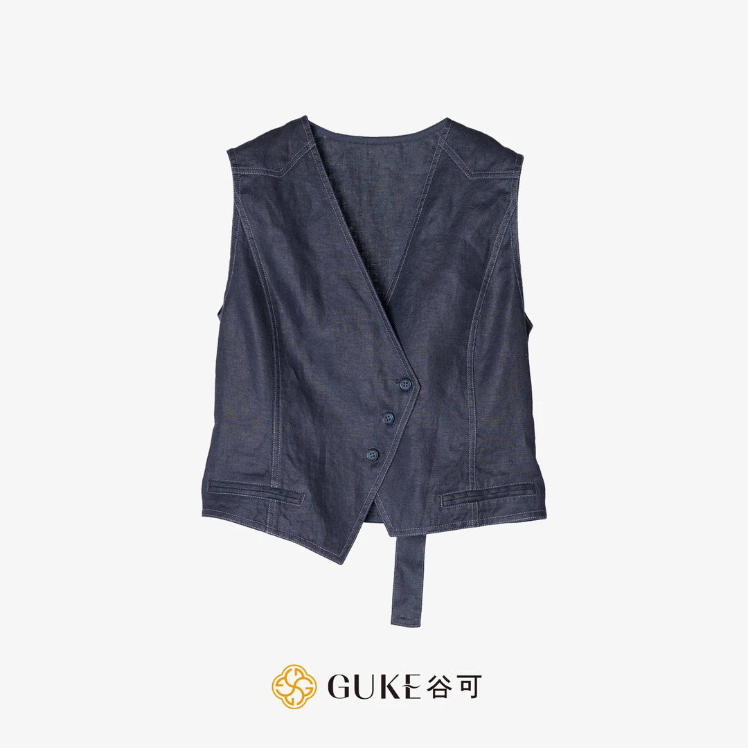 GKE/谷可S3100蓝色亚麻休闲马甲女款外穿2025新款国风无袖V领马夹