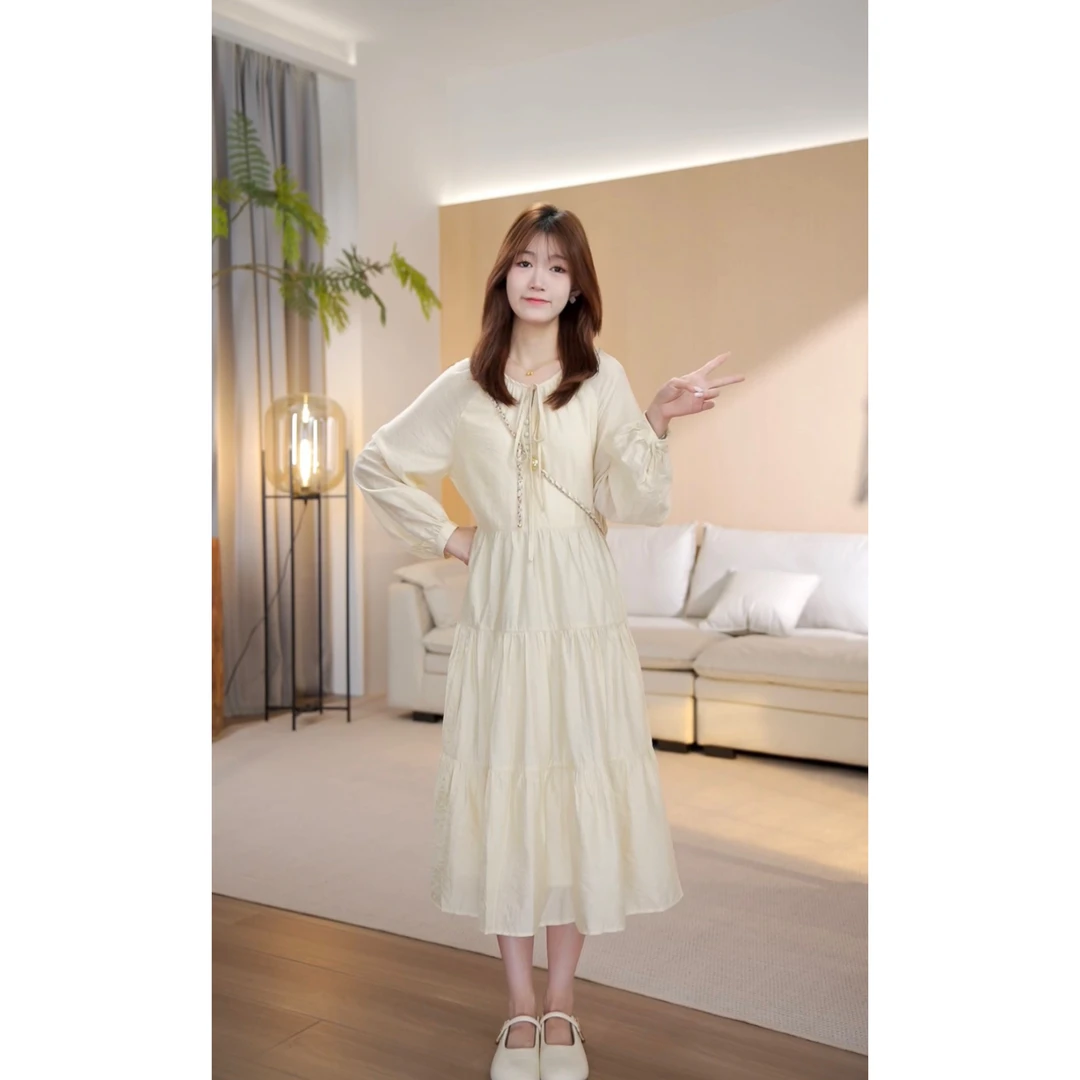 （周周小个子）春季新款韩版休闲百搭长袖薄款连衣裙-YJ9720