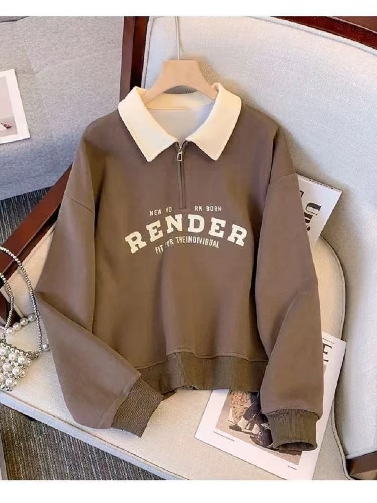 美拉德polo领加绒字母卫衣