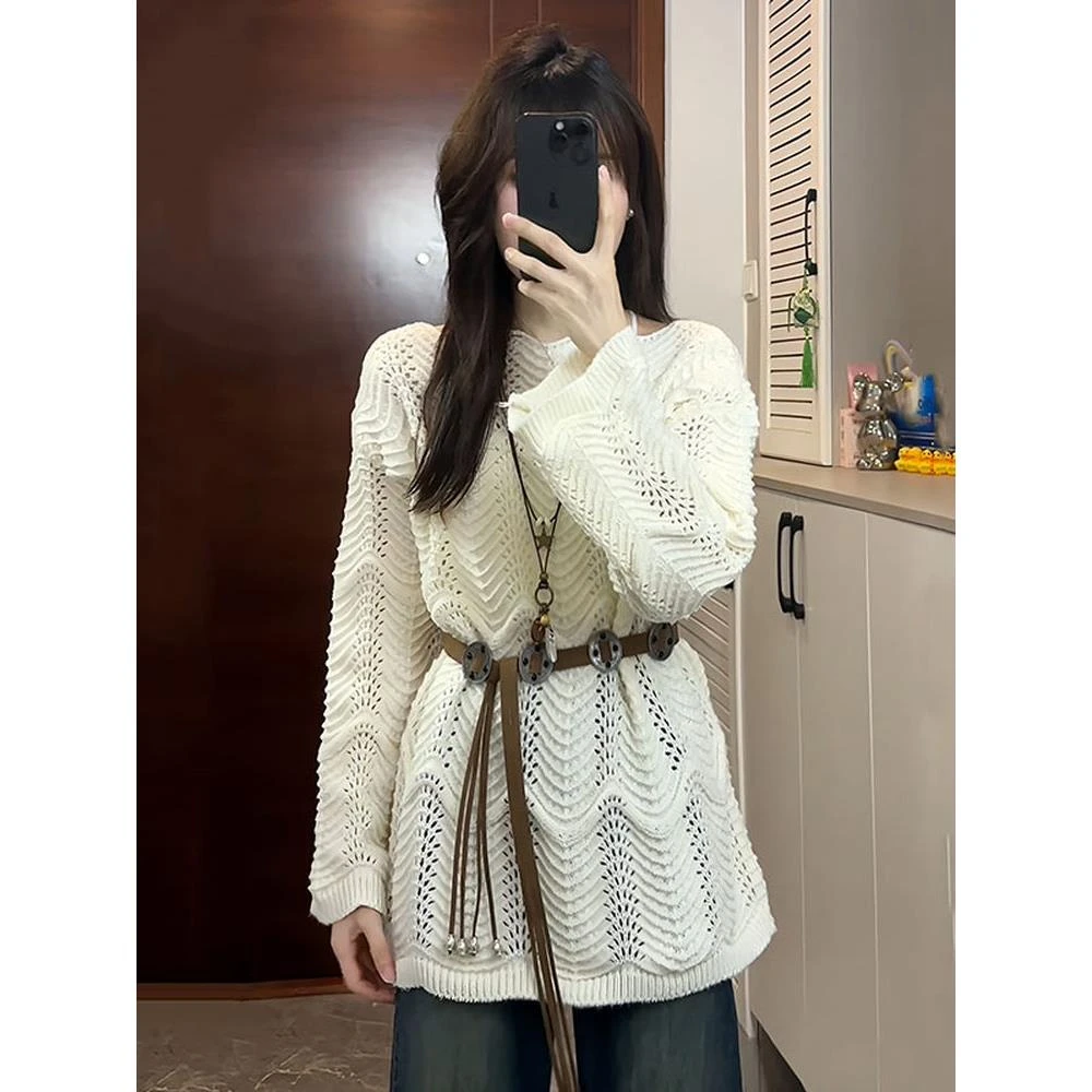 气质慵懒镂空叠穿一字肩针织衫女早秋新款胖mm宽松巨显瘦外穿上衣