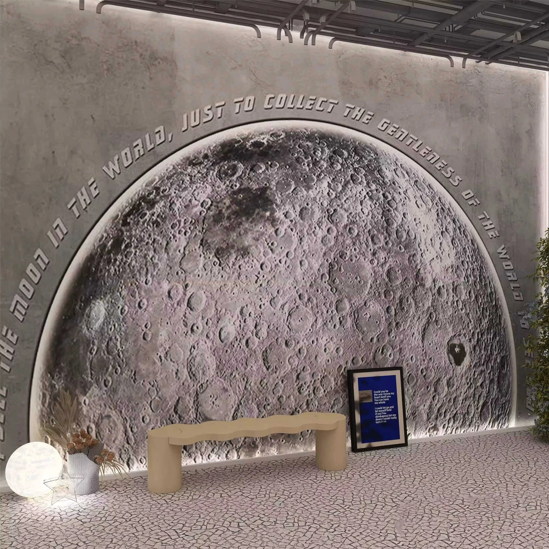 3d太空月球表面背景墙纸工业风奶茶咖啡复古墙布水泥灰露营风壁纸