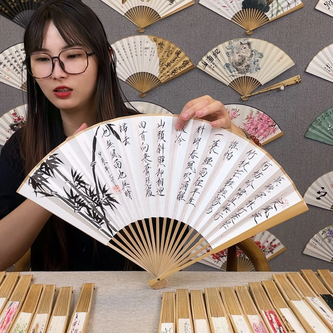 国画95寸玉竹-纯手绘-文玩扇骨（默认粘好）定风波