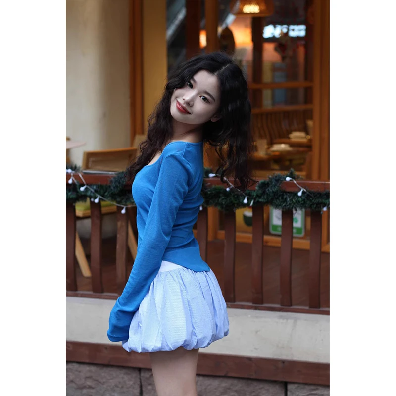 纯色u领修身弹力长袖上衣女秋季新款高腰时尚百搭休闲短裙两件套