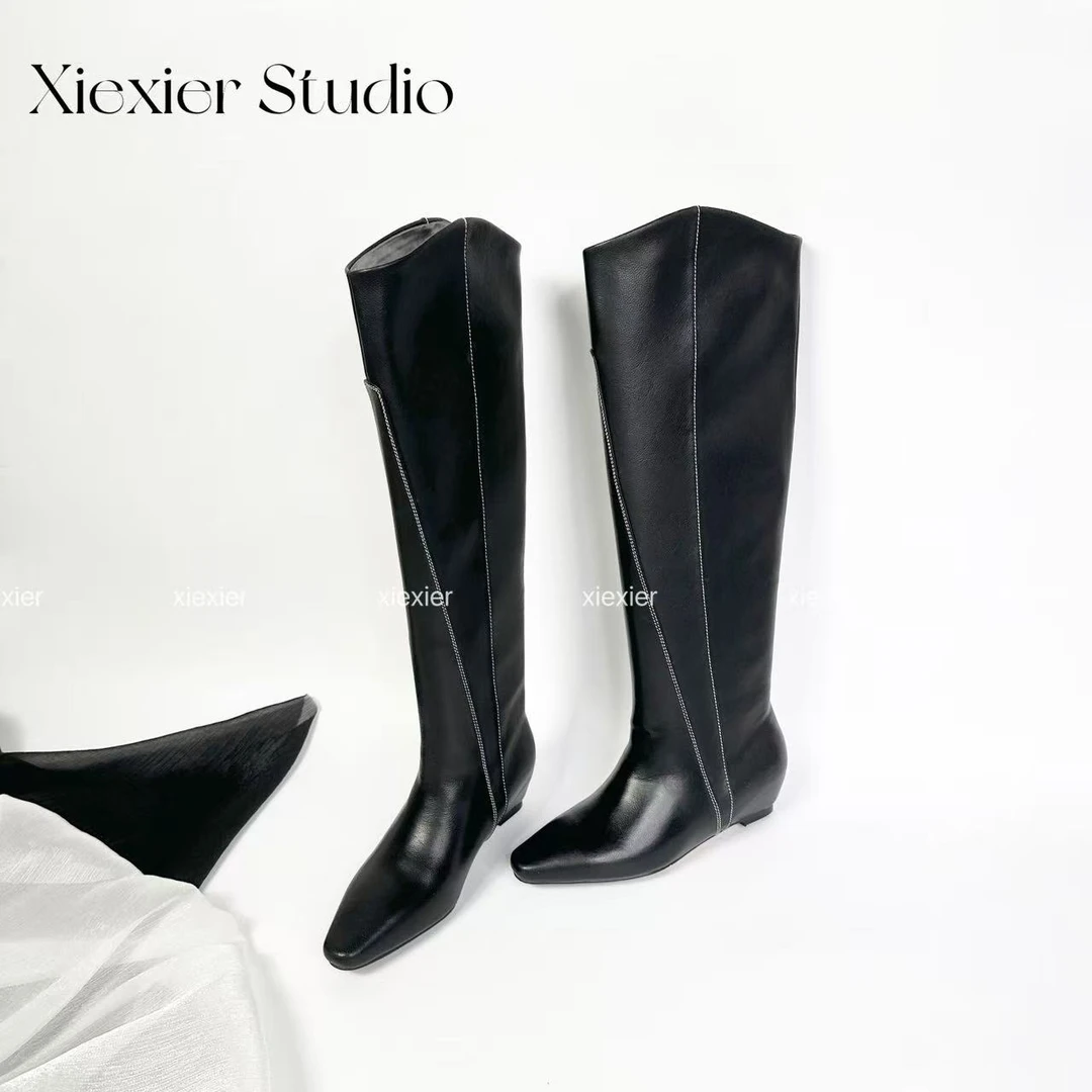 谢喜儿 | 秋季新款内增高及膝靴磨砂复古真皮百搭长靴