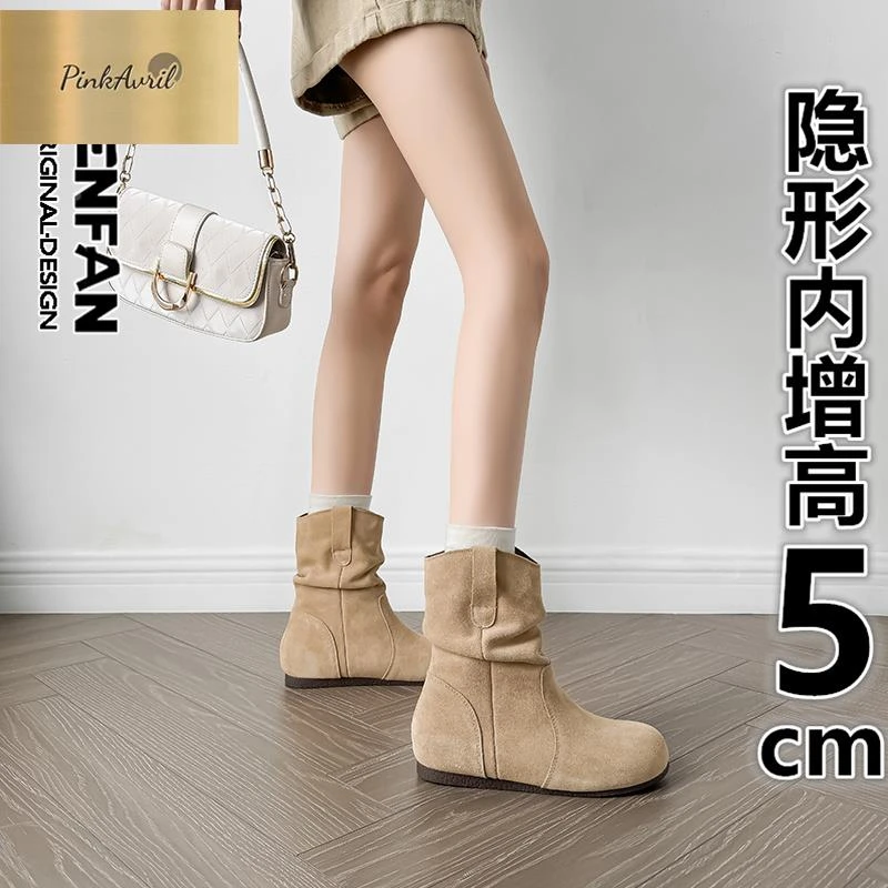 PinkAvril内增高5cm套筒褶皱勃肯短靴女2025秋冬新款小个子复古马