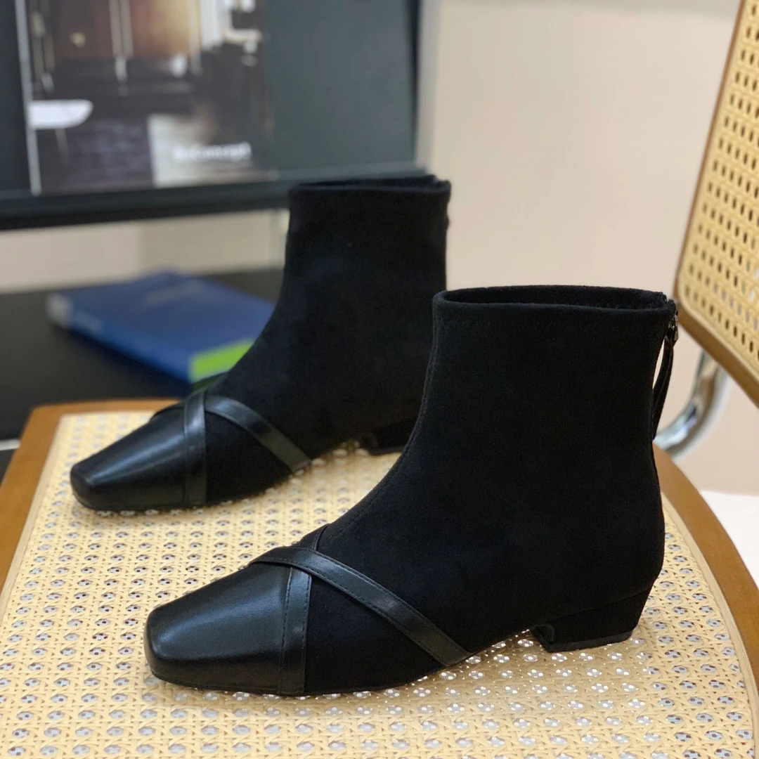 绒面方头交叉弹力靴女2025冬季超火法式气质瘦瘦靴复古切尔西短靴