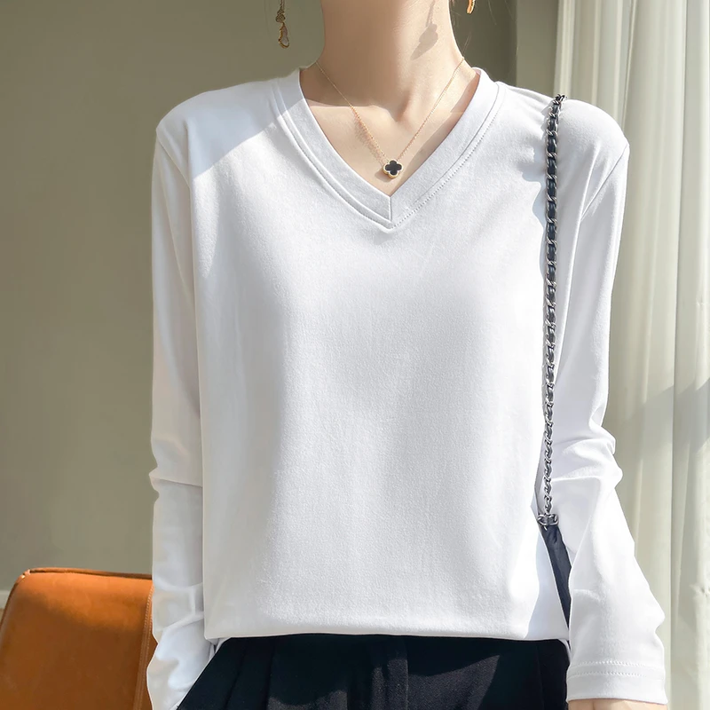 V领白色打底衫长袖t恤女100%纯棉新款时尚洋气百搭女装秋宽松上衣