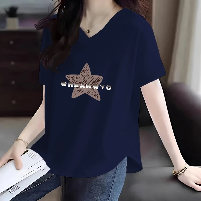 圆弧下摆设计感短袖V领100%纯棉T恤女夏宽松显瘦时尚百搭小众上衣