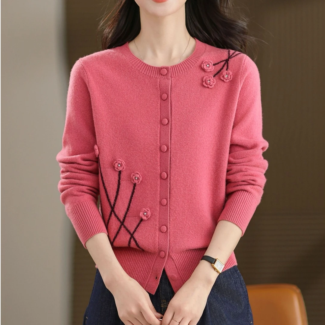 黛妍8811冬季新款100%羊毛洋气减龄6朵小花圆领针织小开衫