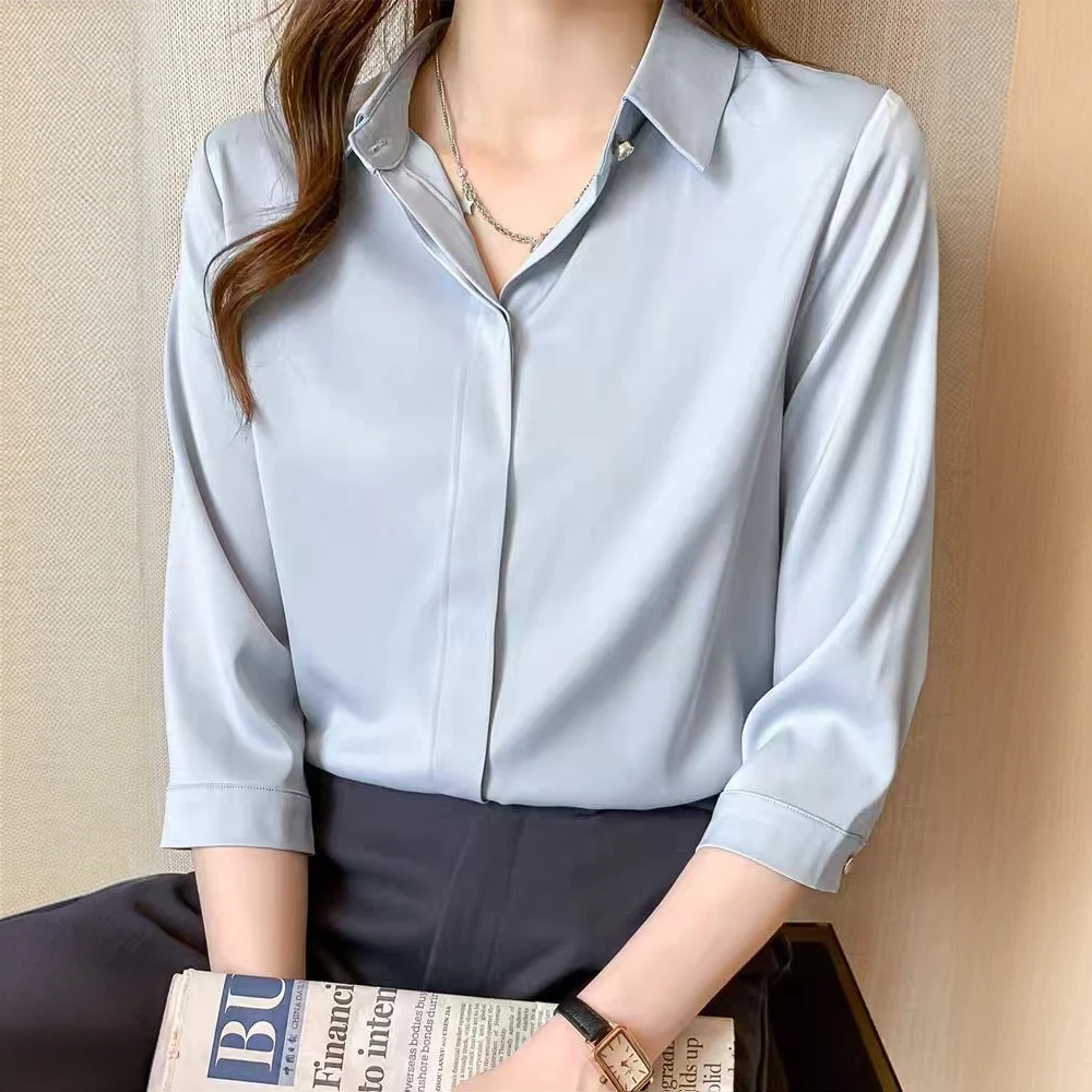 灰蓝色七分袖抗皱缎面衬衫气质职业面试正装上衣浅灰色包臀裙套装