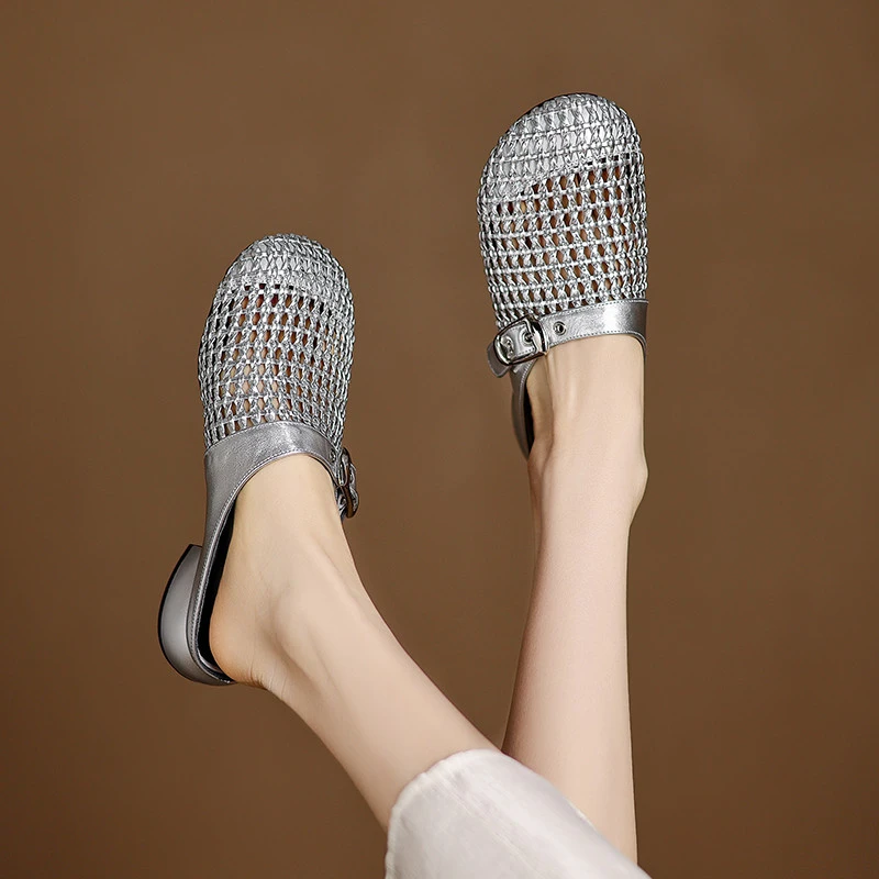 包头半拖鞋女夏季透气勃肯鞋编织镂空外穿宽胖脚大码凉拖懒人