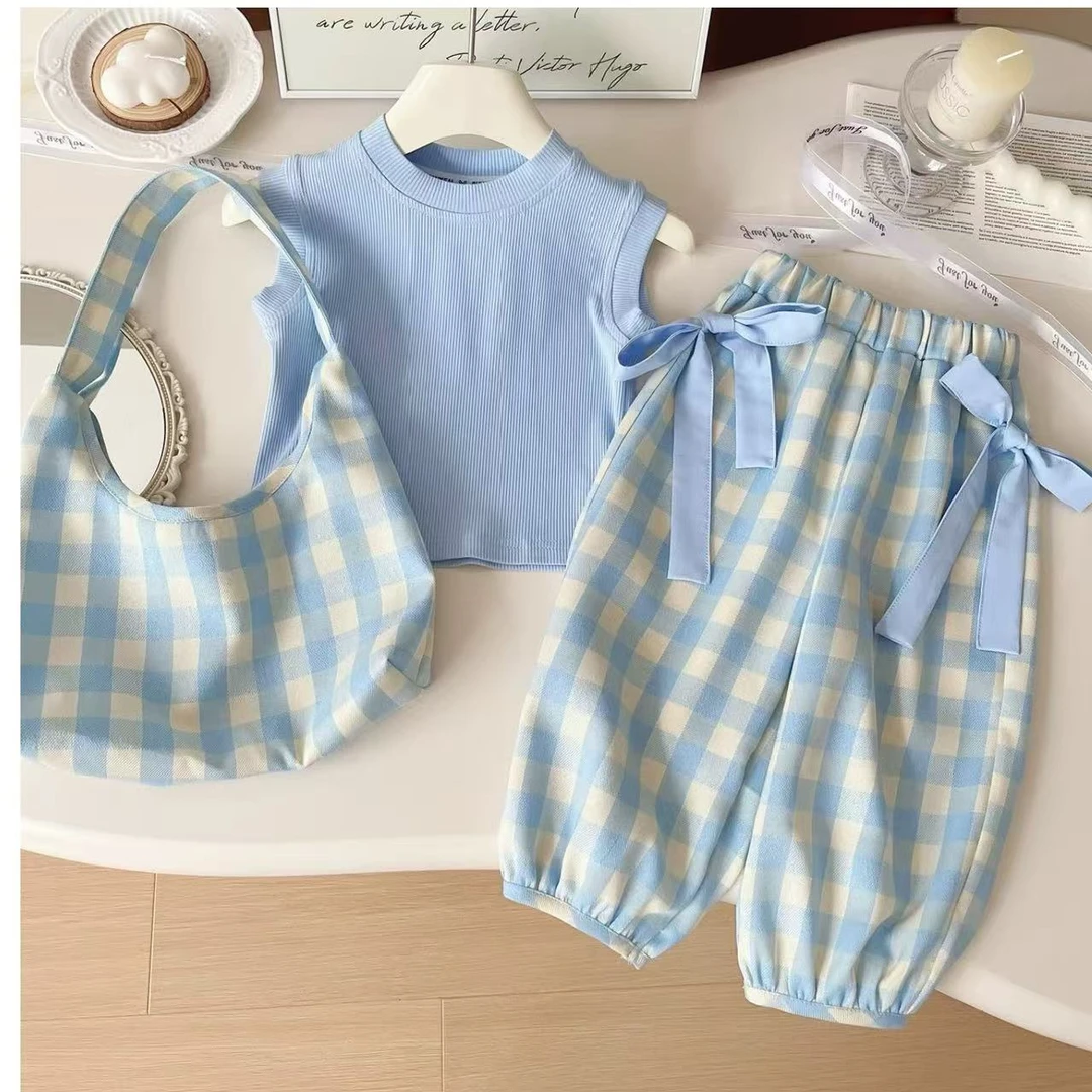女小童2025蓝格子薄款甜美韩版无袖套装夏季女童三件套SJ-R-B123