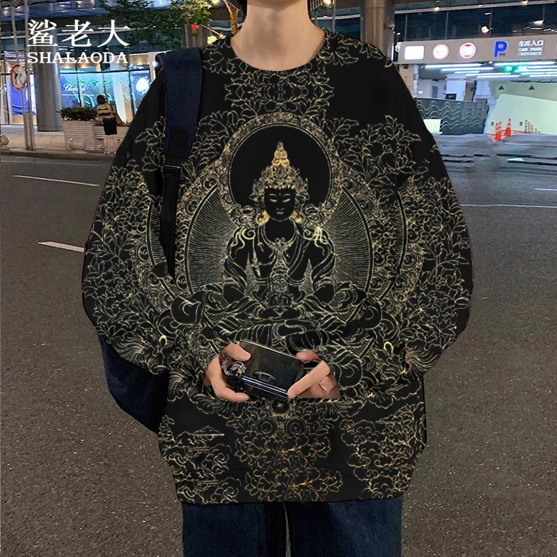 中国风佛像印花圆领卫衣男外套长袖T恤2025秋冬新款潮牌大码男装
