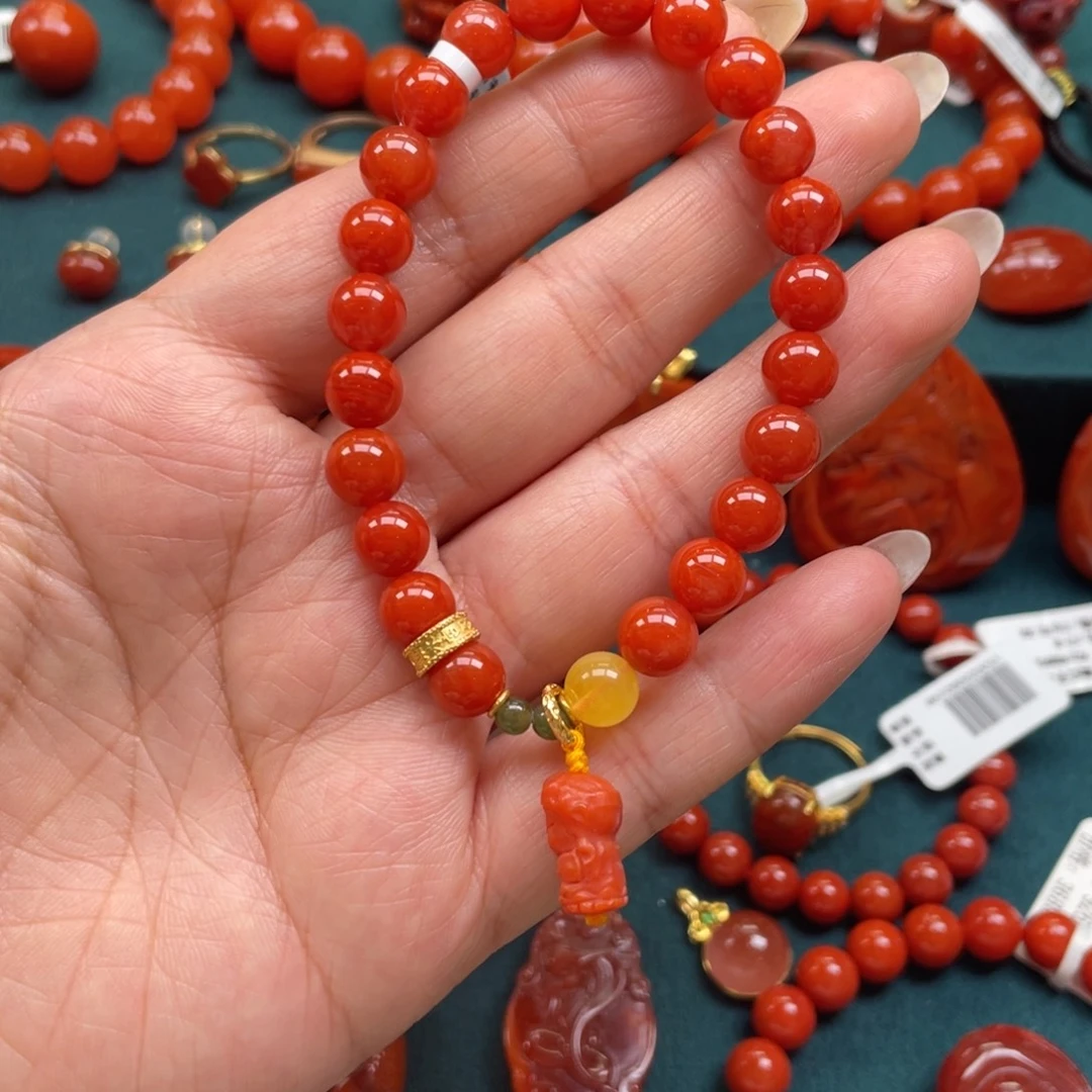 南红玛瑙银S925镶嵌川料南红满红dly单圈8+mm