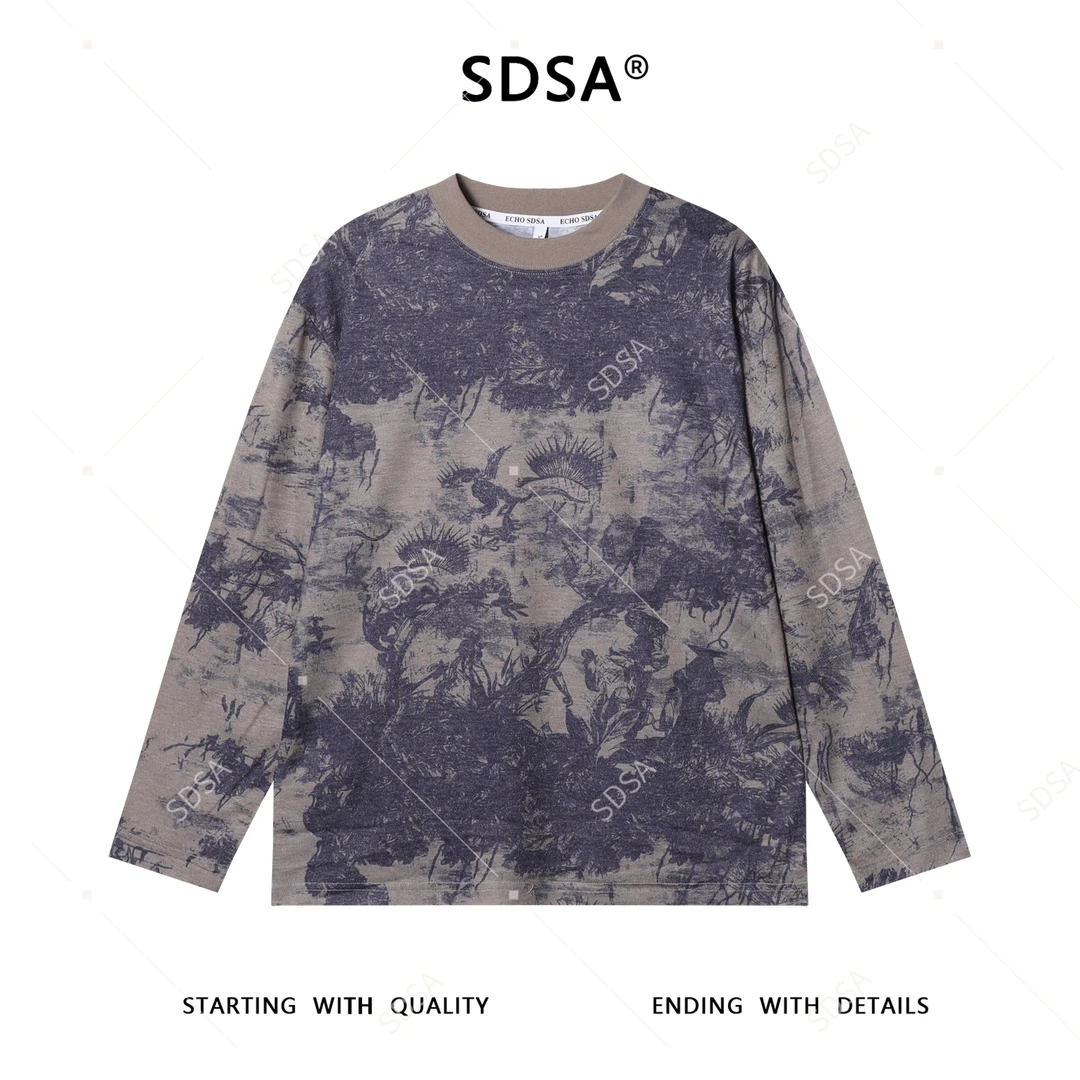 秋季高级感新款男士印花宽松扎染重磅T恤撞色圆领长袖时尚上衣