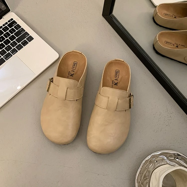 厚底勃肯鞋半拖圆头拖鞋一脚蹬软底防滑复古女鞋包头拖外穿外贸潮
