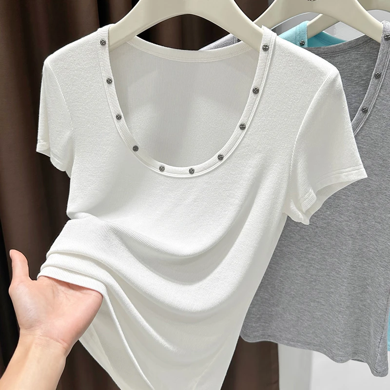 白色软糯针织薄款U领短袖打底衫上衣女气质百搭2025夏季T恤小衫