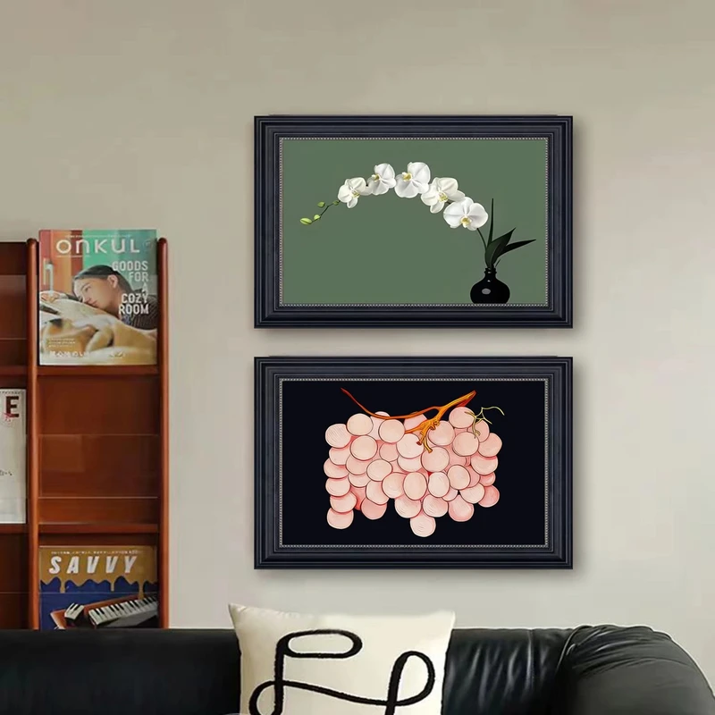 砂岩中古法式客厅装饰画法式浪漫粉色葡萄高级感餐厅画两联4060*2