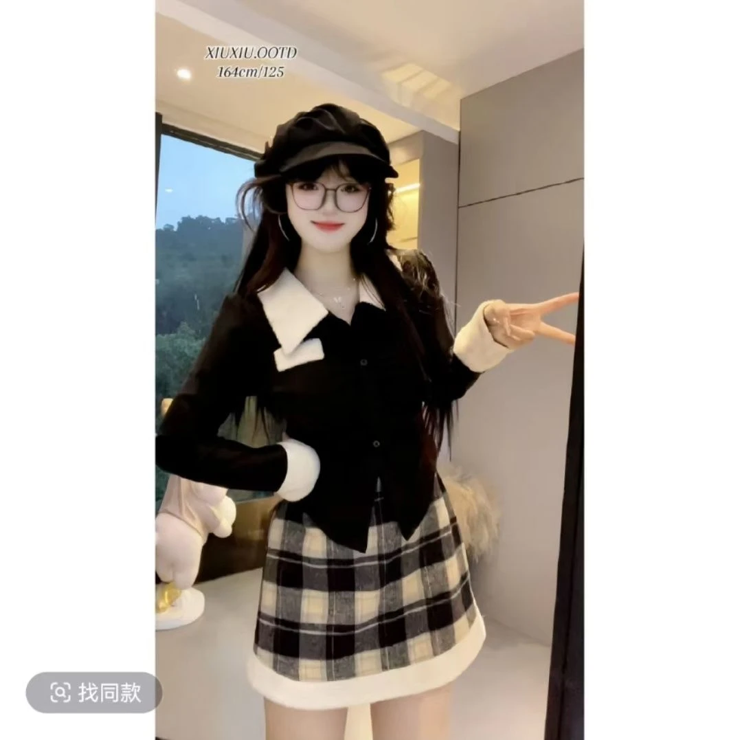 大码胖mm学院风时尚套装女秋冬季撞色POLO领衬衫格纹半身裙两件套