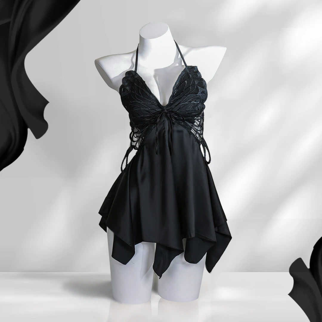 性感内衣冰丝睡衣加胸垫聚拢蝴蝶结吊带睡裙外袍家居服套装