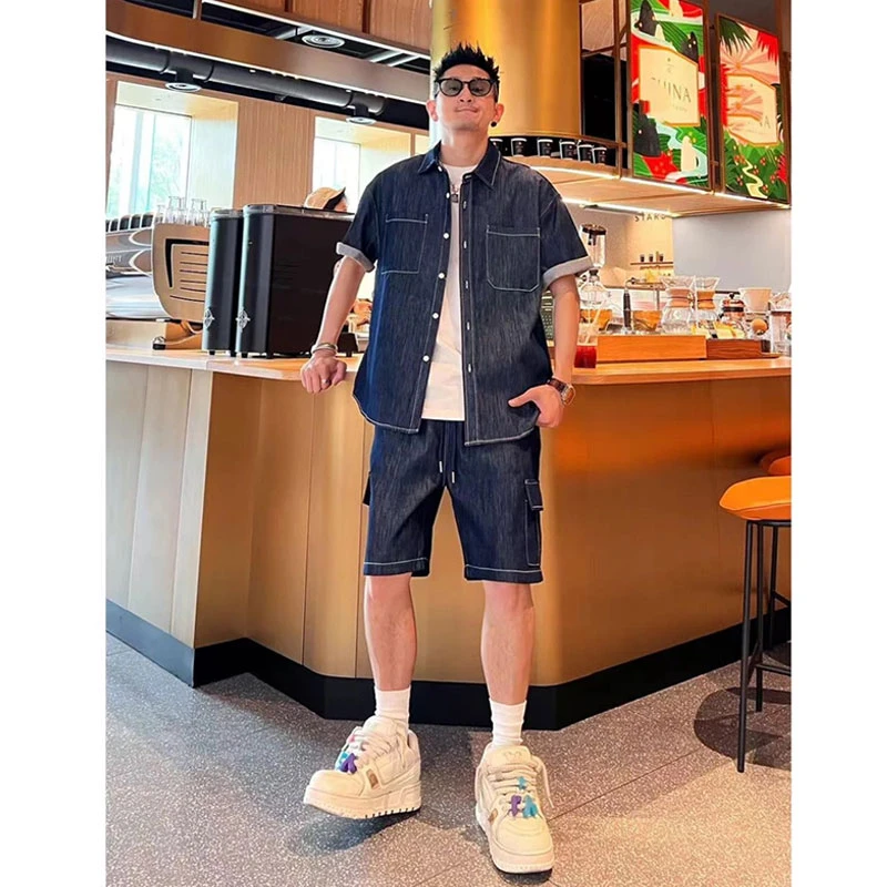 夏季明线设计感潮流上衣男士微宽松时尚百搭棉质水洗牛仔两件套装