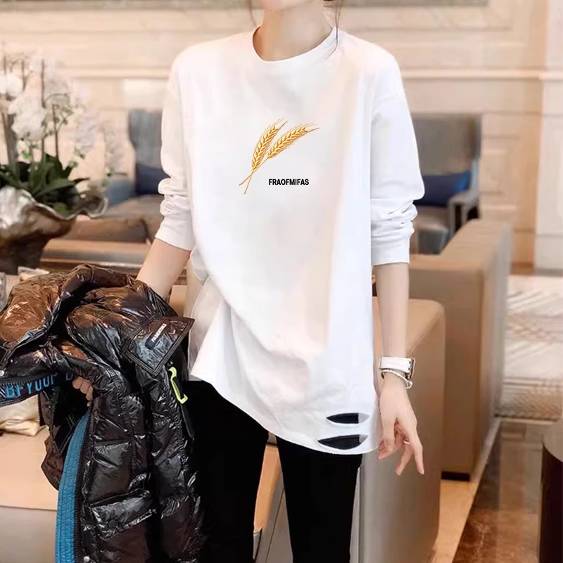 欧货白色圆领打底衫女宽松中长款2025秋冬款长袖T恤内搭加绒叠穿