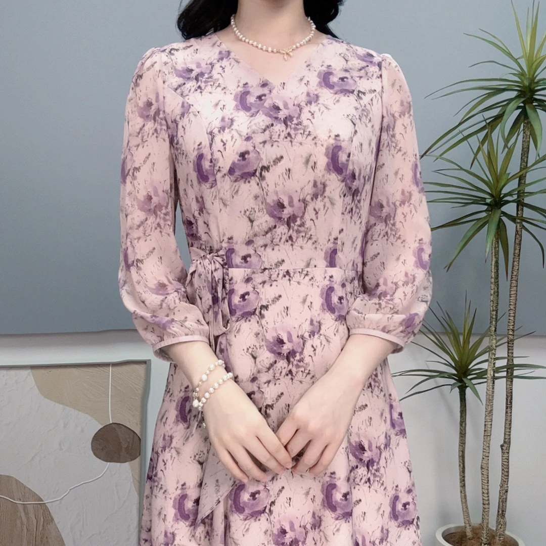 V领显瘦印花套头A字裙紫色连衣裙气质收腰碎花中长款裙子新姿女装