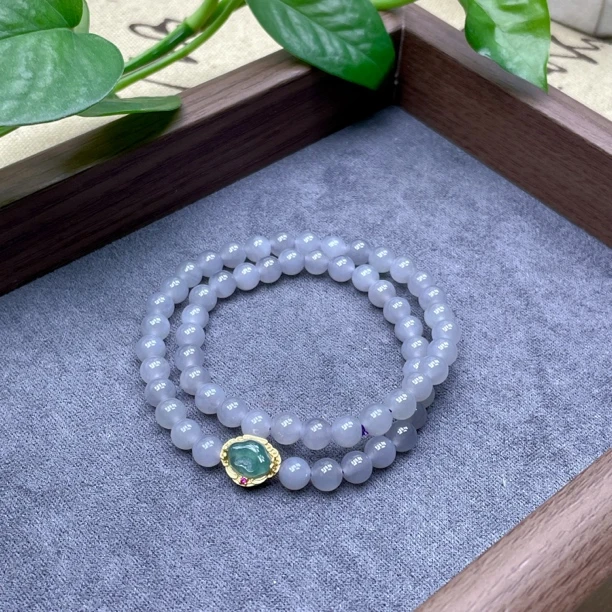 0413 祥云如意 和田玉烟紫色多圈925银镶嵌如意锁手链