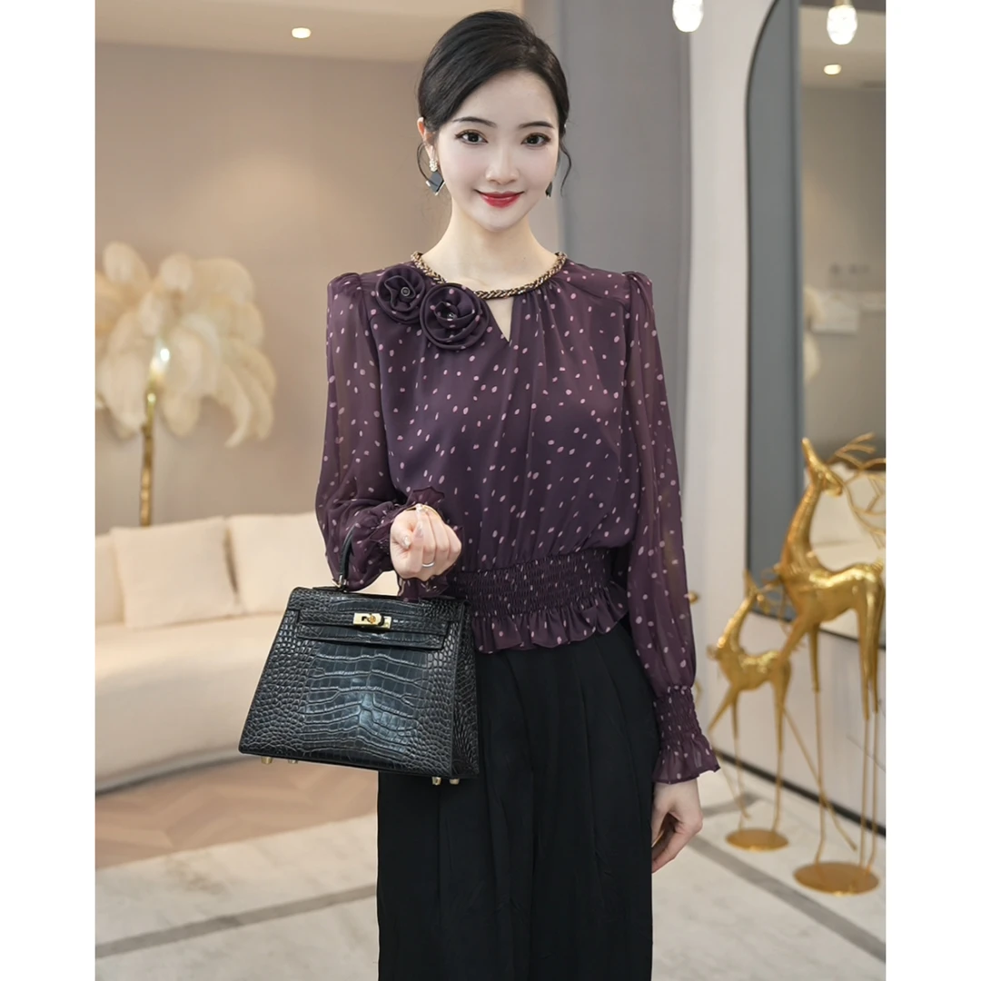 现货2026年春夏新款【QQ-1019】高级感气质精致波点紫色衬衫上衣