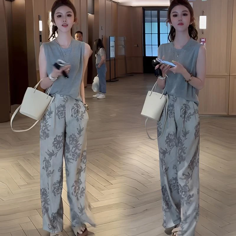 时尚套装女宽松夏季新款冰丝针织衫背心上衣印花阔腿休闲裤两件套