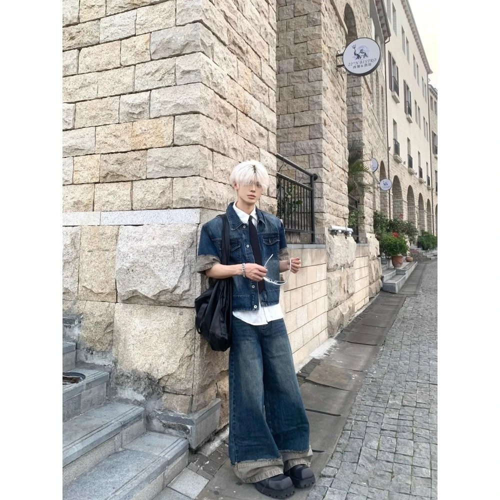 2025新款小众复古设计感套装牛仔短袖夹克套装拼接牛仔套装时尚潮